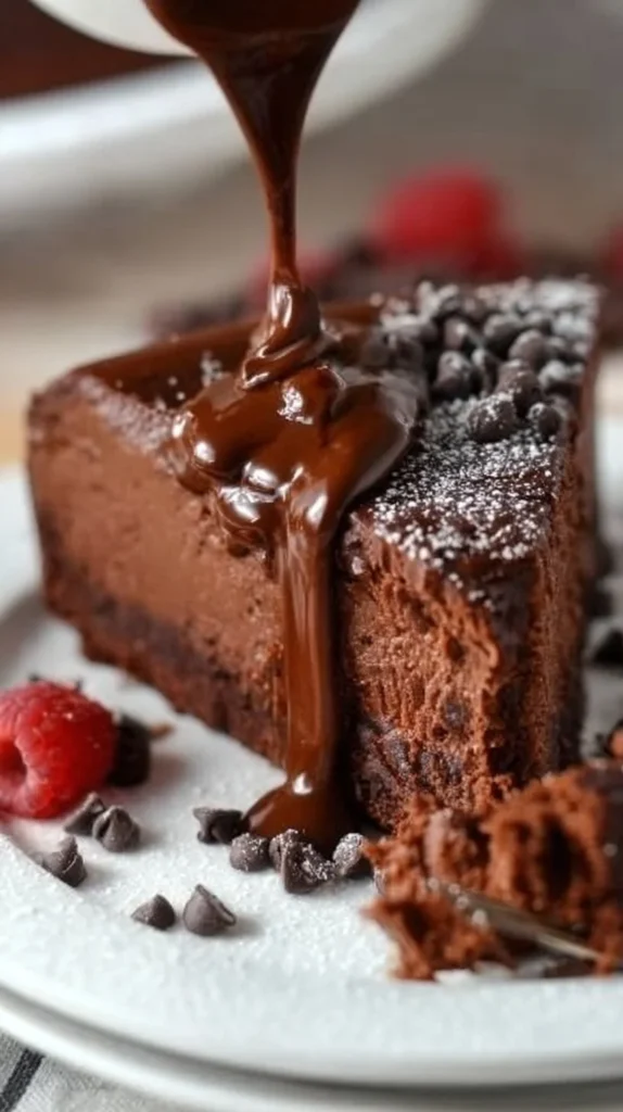 Easy flourless chocolate cake topped with chocolate ganache and fresh berries.