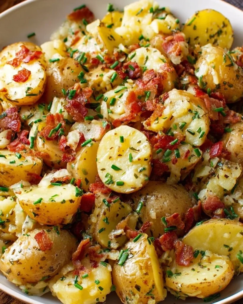 Bowl of easy German potato salad with herbs and dressing.