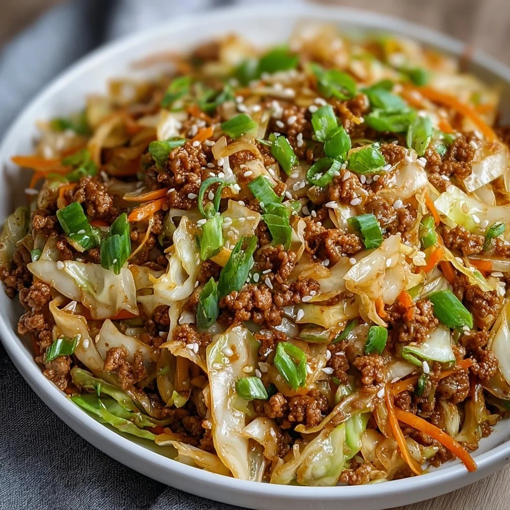 Bowl of tasty Egg Roll in a Bowl with colorful vegetables and seasonings