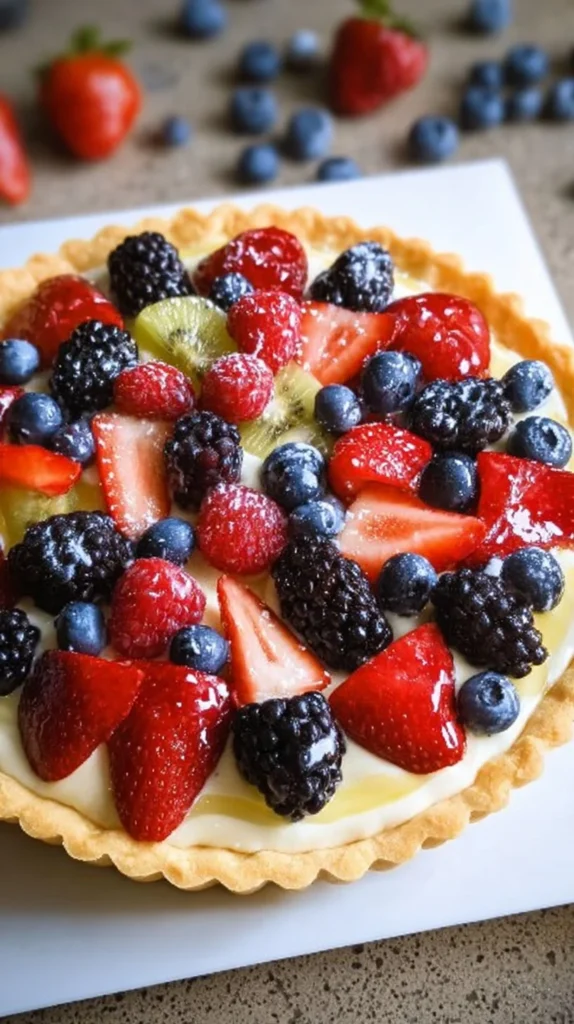 Gluten-free and dairy-free fruit tart with fresh fruits and vanilla cream