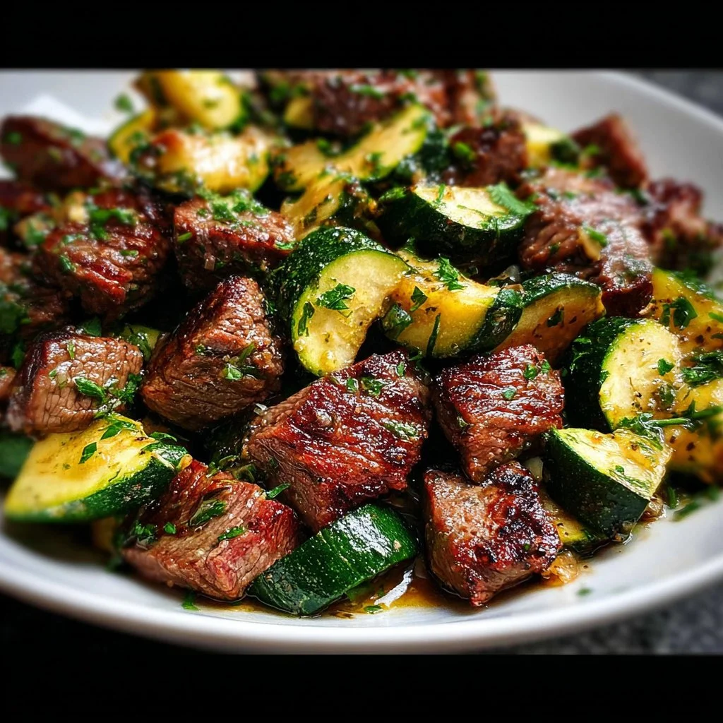 Plate of garlic butter steak bites served with herbs and garlic toast