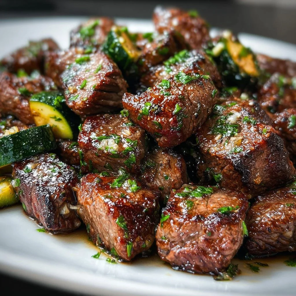 Garlic Butter Steak Bites in a skillet, garnished and ready to serve.