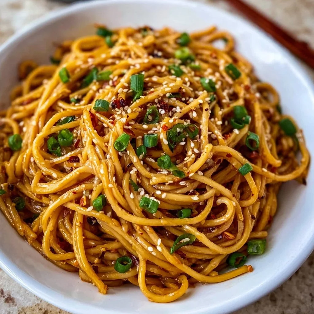 Delicious bowl of Garlic Sesame Noodles topped with fresh herbs and sesame seeds.