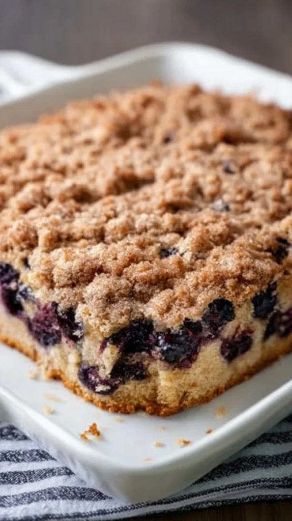 Delicious gluten-free blueberry coffee cake served on a plate.
