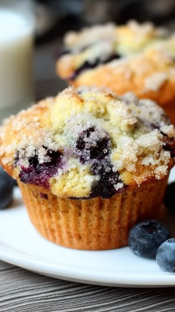 Freshly baked gluten-free blueberry muffins with blueberries on top