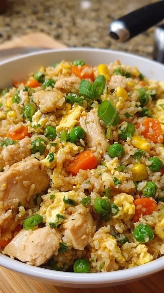 Bowls of gluten-free chicken fried rice with colorful vegetables and chicken pieces