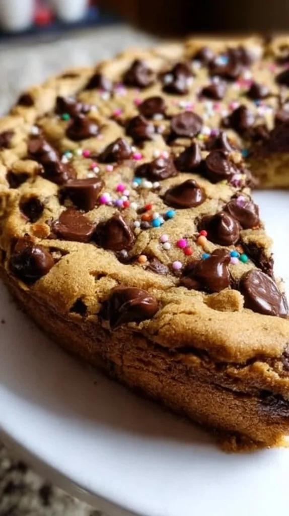 Delicious gluten free cookie cake decorated with chocolate chips and icing
