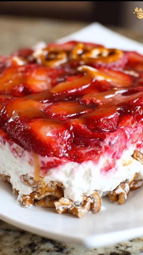 Gluten-free, dairy-free strawberry pretzel salad served in a bowl