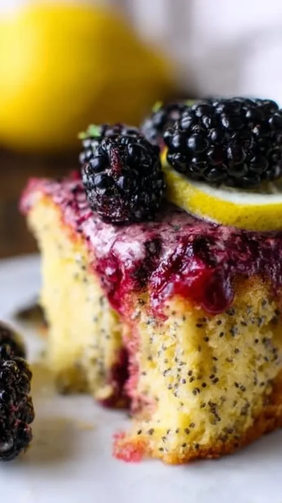 Gluten-free lemon poppy seed blackberry cake with fresh berries and vibrant color