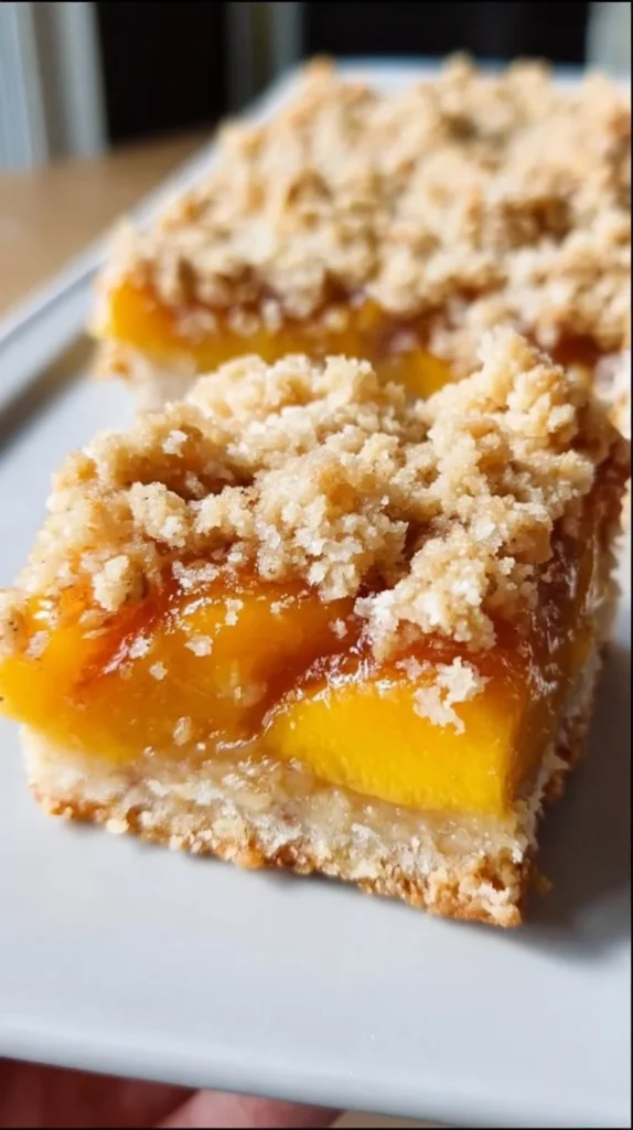 Gluten-free peach crumble bars with juicy peaches and crumb topping
