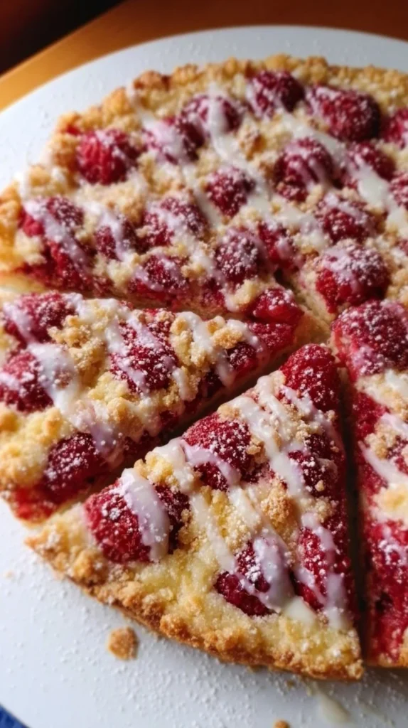 Gluten-free raspberry crumble dessert pizza with fresh raspberries and crumble topping