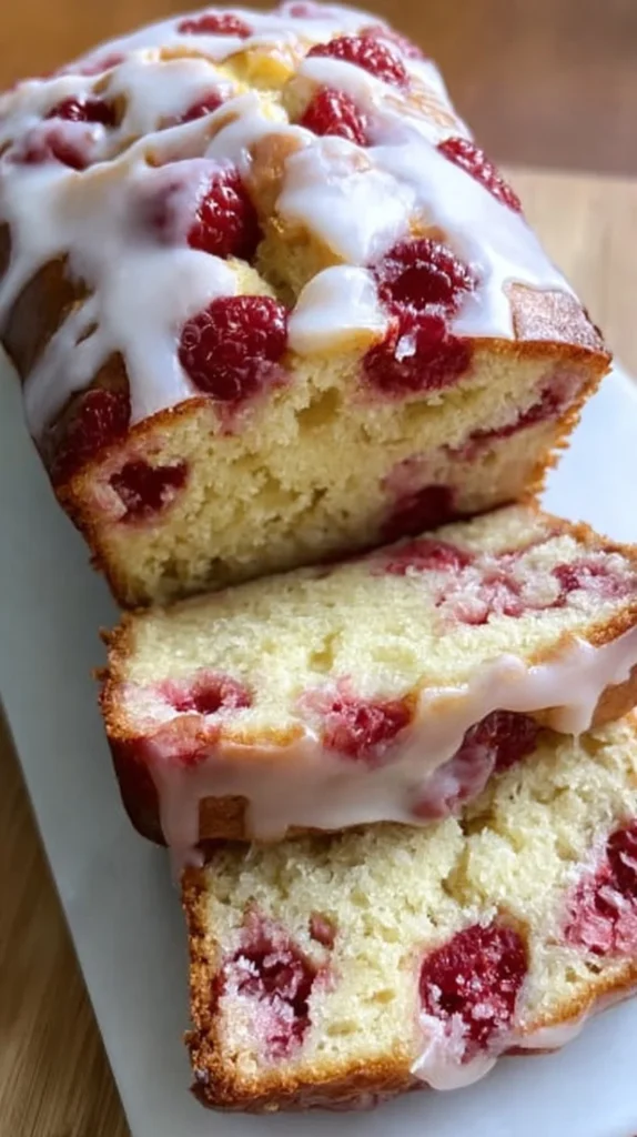 Sliced Gluten-Free Raspberry Lemon Loaf on a wooden board with fresh raspberries.