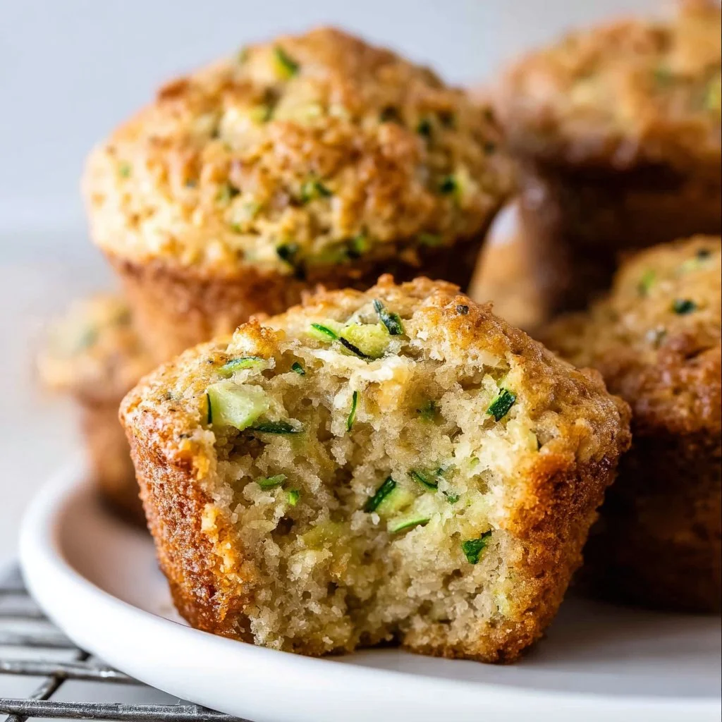 Gluten free zucchini muffins freshly baked and served on a wooden table