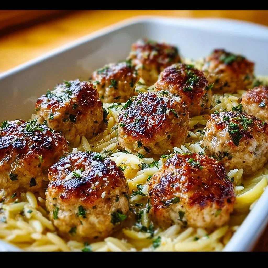 Plate of Greek chicken meatballs with lemon orzo garnished with herbs.