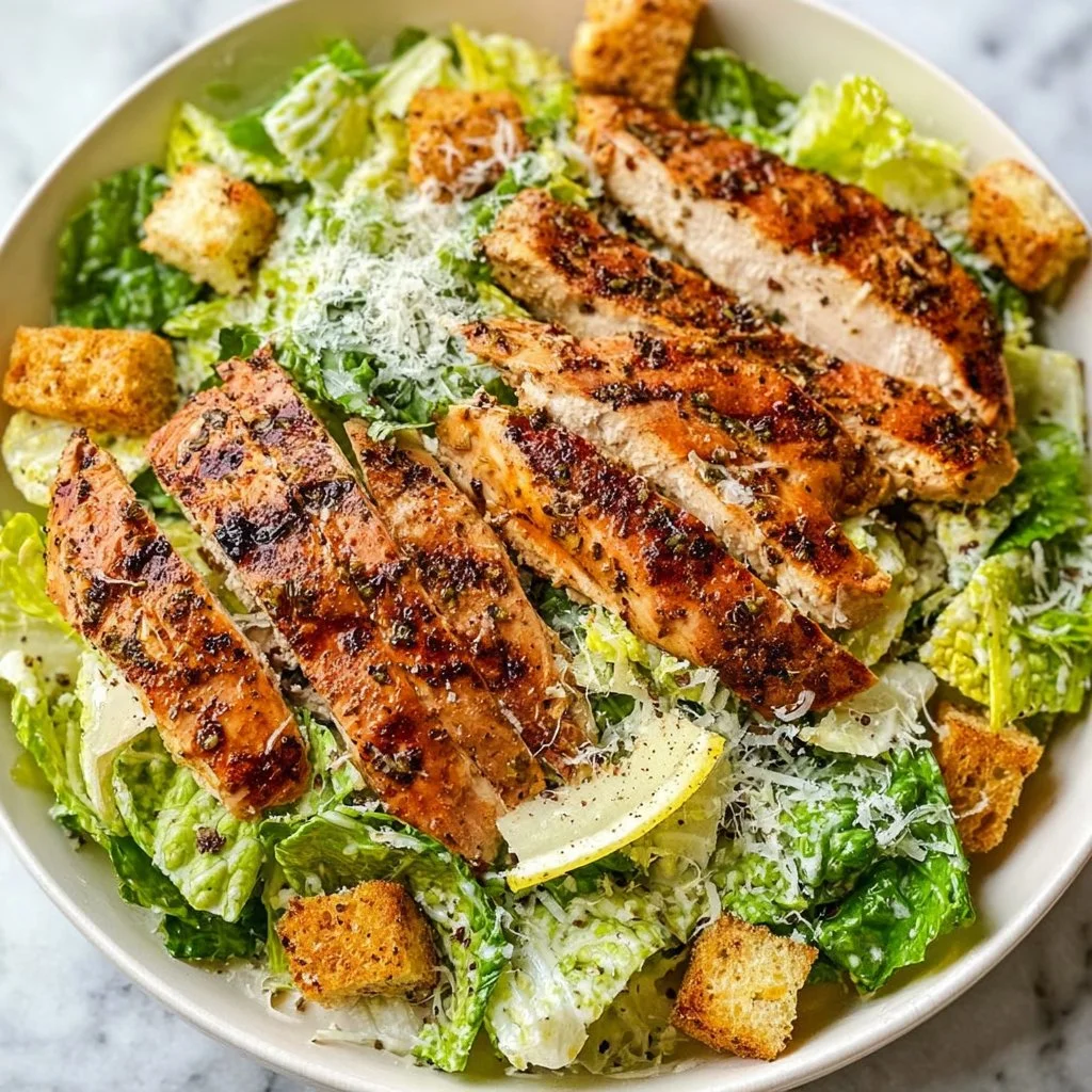 Delicious Grilled Chicken Caesar Salad with fresh romaine and creamy dressing