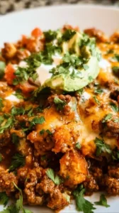 Ground Beef Enchilada Skillet served in a pan with melted cheese and toppings