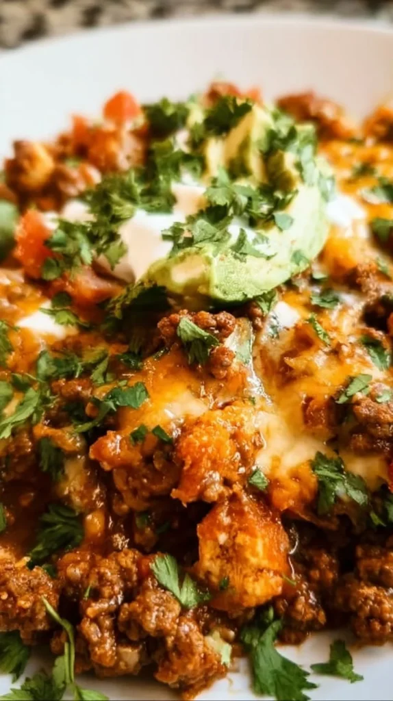 Ground Beef Enchilada Skillet served in a pan with melted cheese and toppings