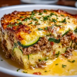 Delicious ground turkey zucchini casserole baked to perfection.
