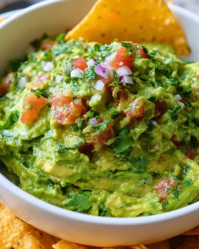 Bowl of fresh guacamole dip with tortilla chips on the side