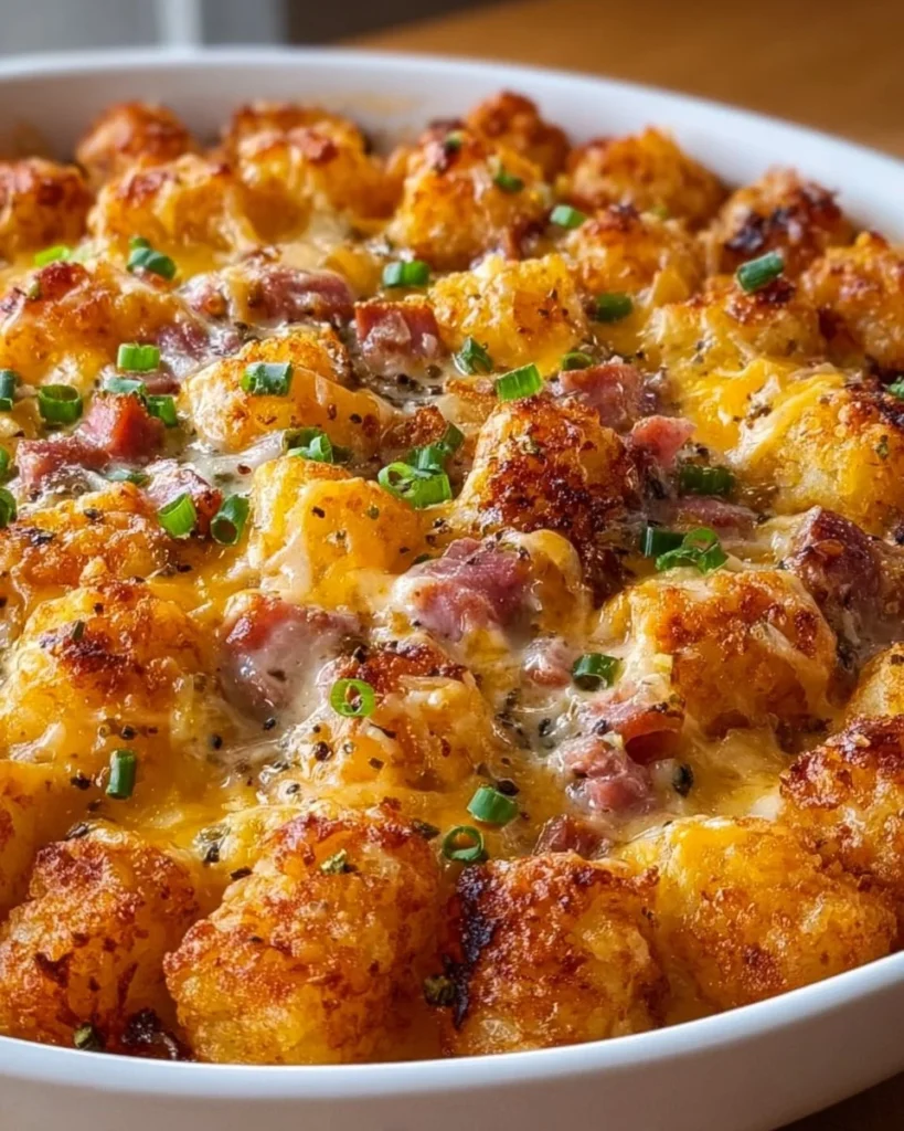 Ham Tater Tot Bake topped with cheese and vegetables in a baking dish