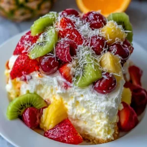 Hawaiian cheesecake salad with tropical fruits and creamy layers