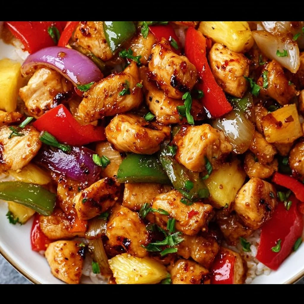 Hawaiian Chicken Sheet Pan meal with colorful vegetables and chicken