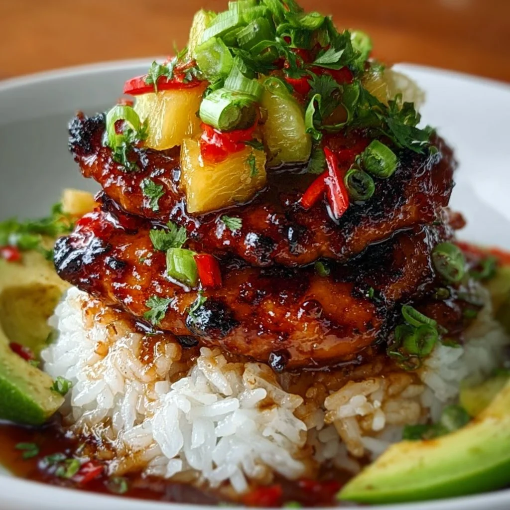 Hawaiian Turned Chicken Stack with colorful toppings and fresh ingredients