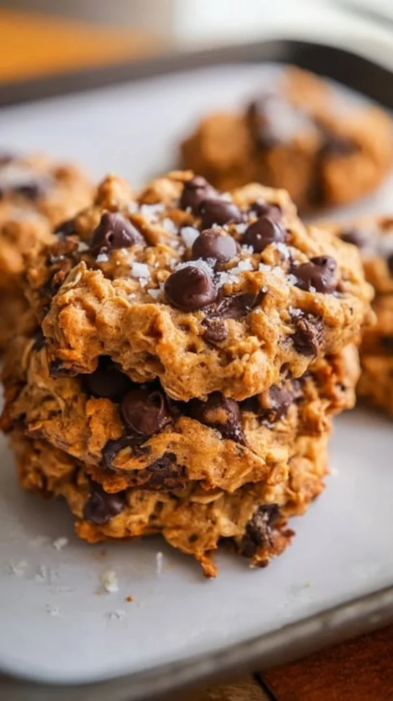 Healthy peanut butter oatmeal chocolate chip cookies on a baking tray