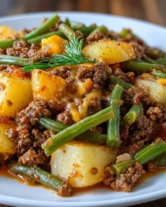 A hearty hobo casserole with ground beef, vegetables, and cheese, served in a baking dish.