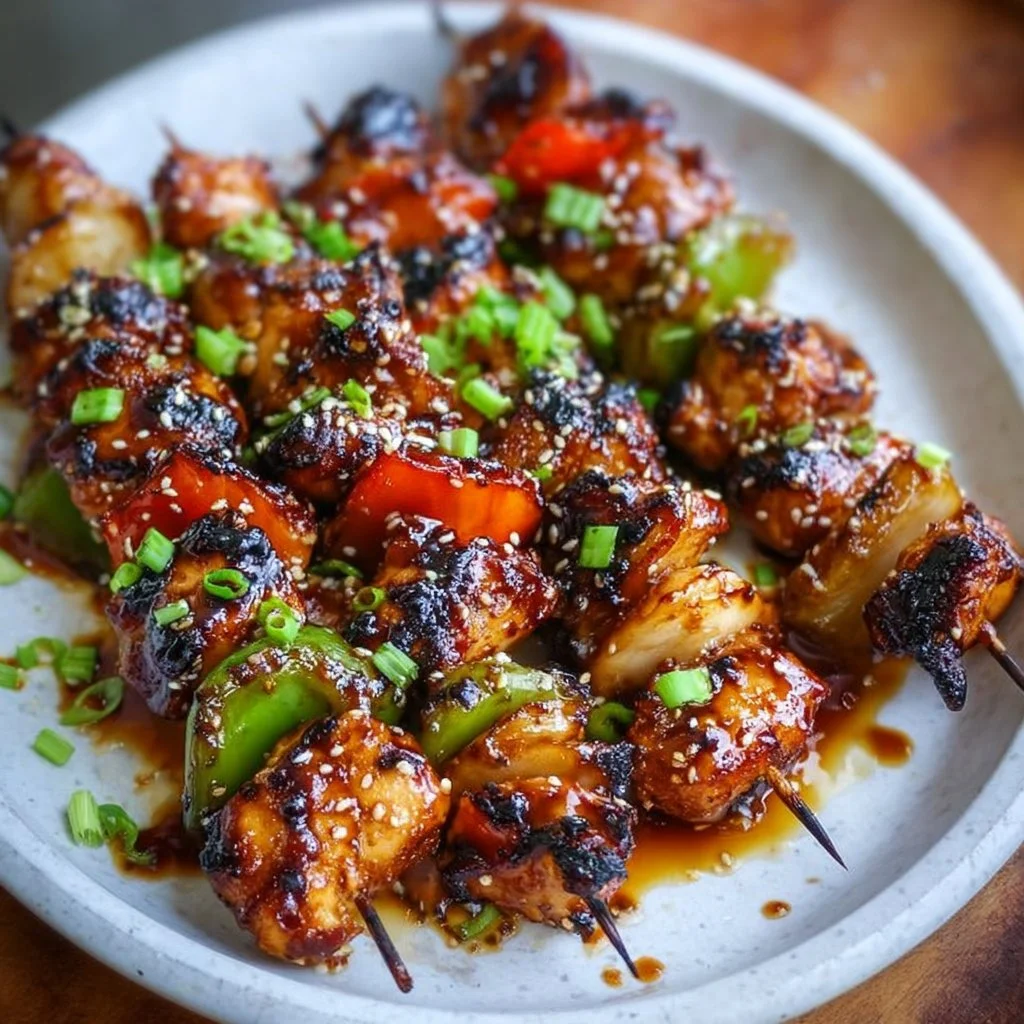 Delicious honey garlic chicken kabobs ready for grilling