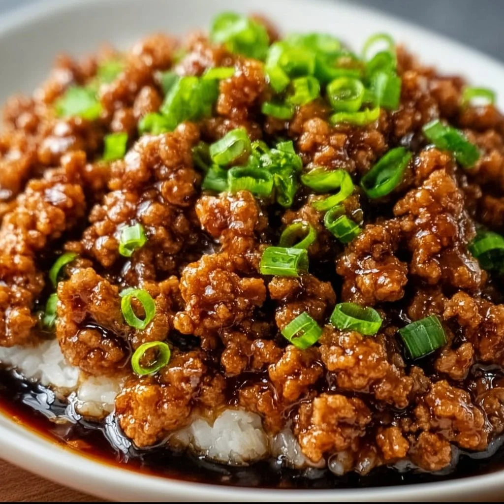 Plate of Honey Garlic Ground Turkey served with vegetables and rice