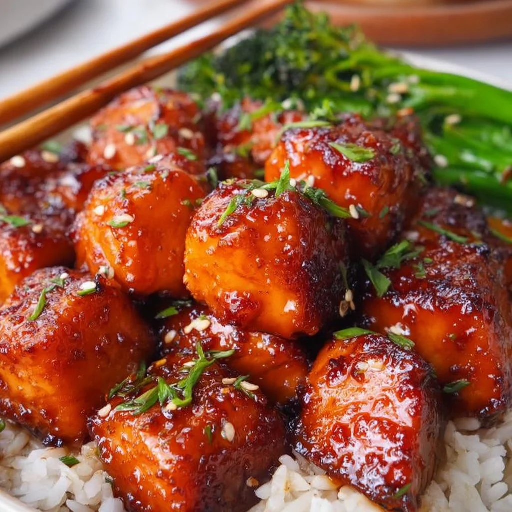 Honey glazed salmon bites served on a platter with garnishes