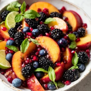 Honey lime basil peach fruit salad with vibrant fruits in a bowl.