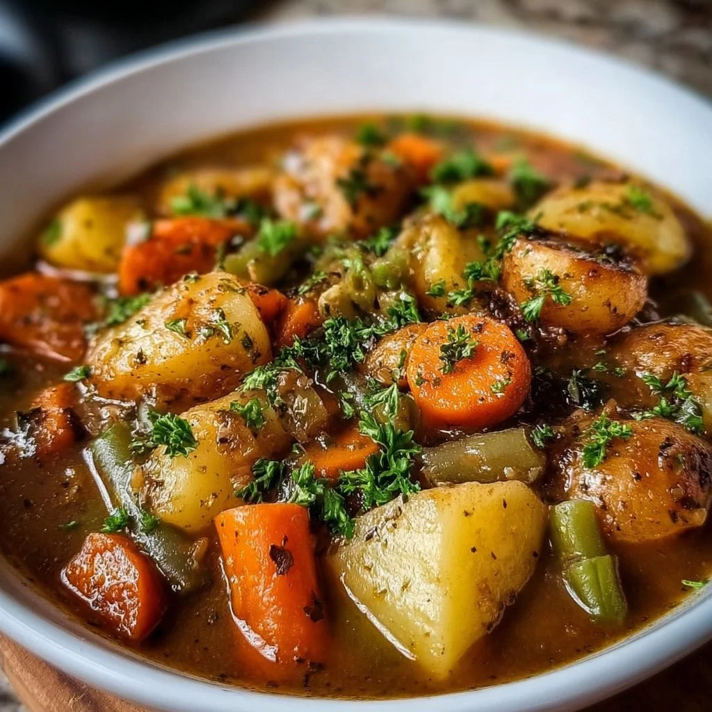 Delicious bowl of Irish Vegetarian Stew with fresh vegetables and herbs