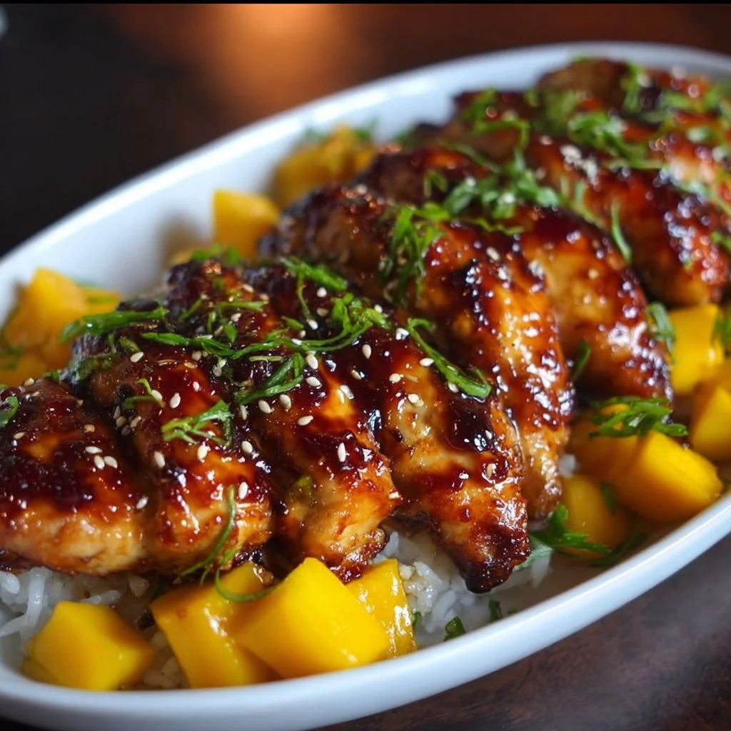 Mango glazed chicken twists, showcasing sweet and savory flavors for a delicious dish.