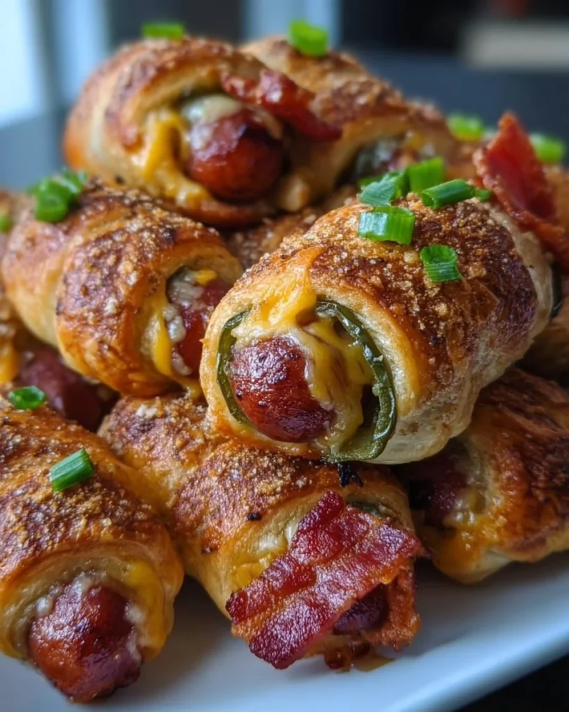 Jalapeno popper pigs in a blanket on a plate, garnished with dipping sauce.
