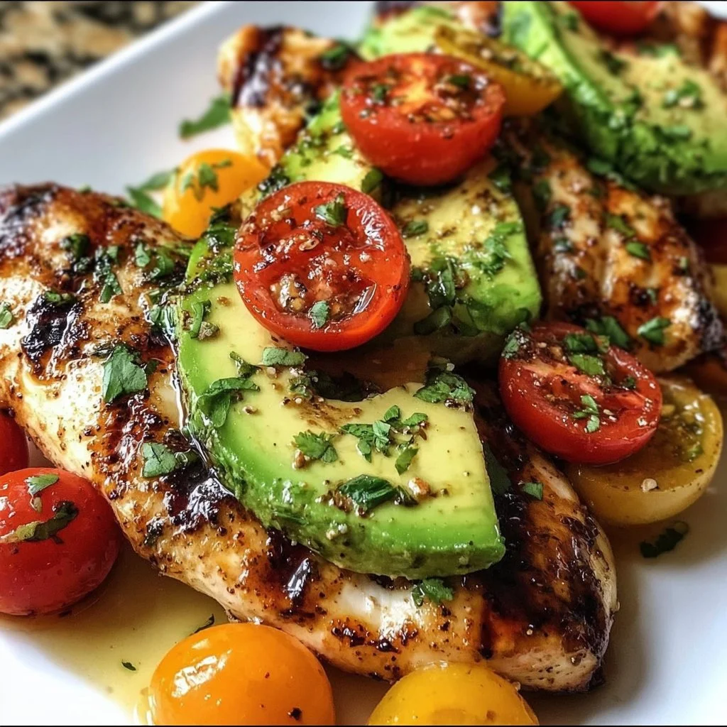 Grilled avocado chicken served with fresh California avocados and herbs