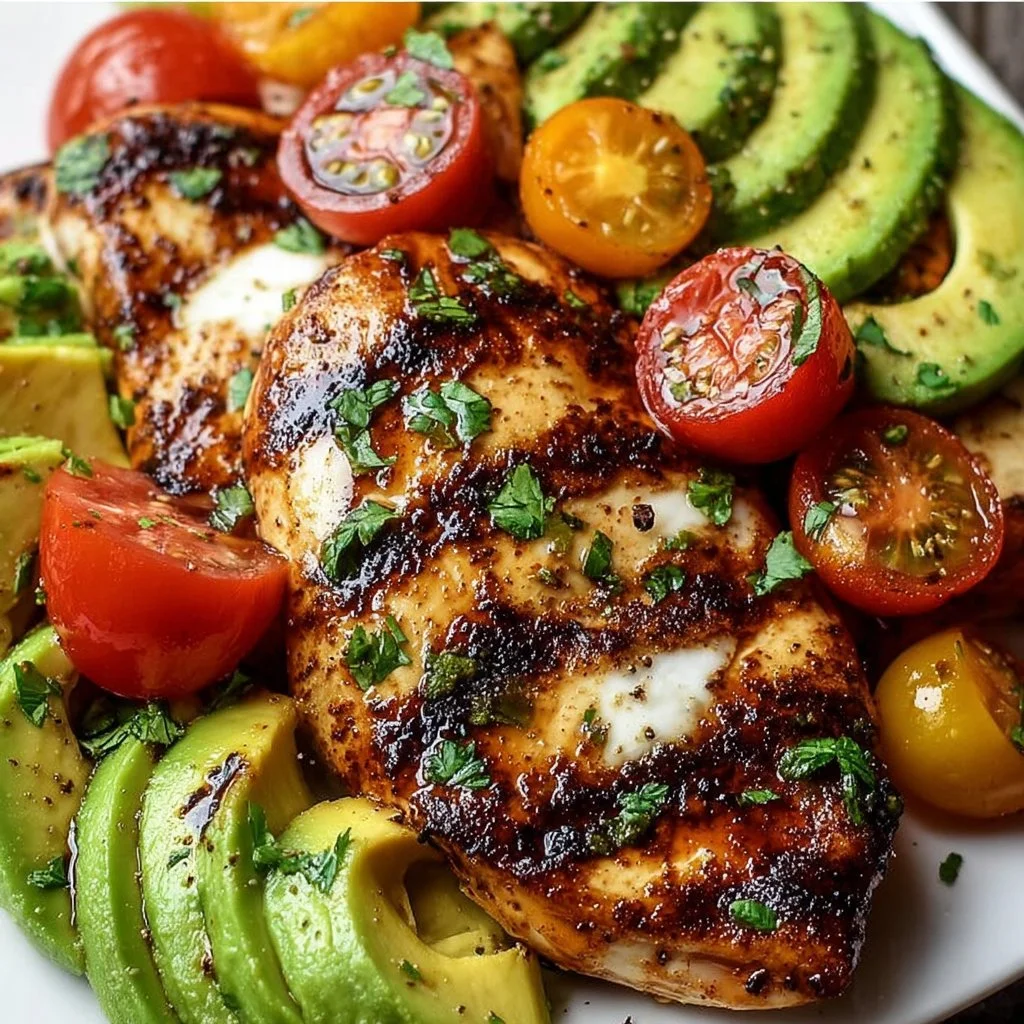 Juicy grilled avocado chicken topped with fresh herbs and spices