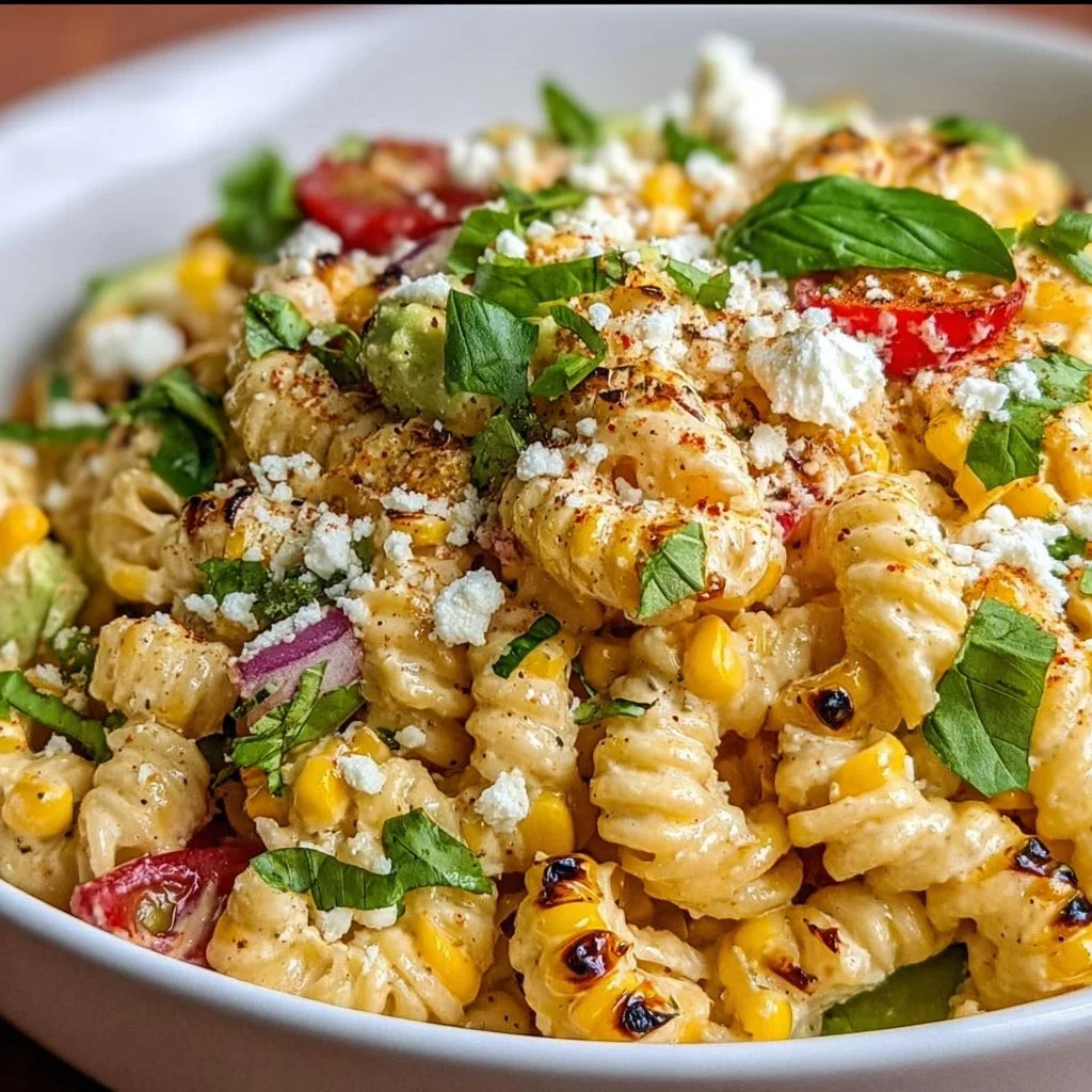 Juicy street corn pasta salad with fresh ingredients and vibrant colors