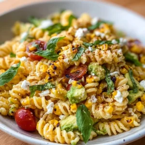 Juicy street corn pasta salad with ingredients woven together for a summer dish.