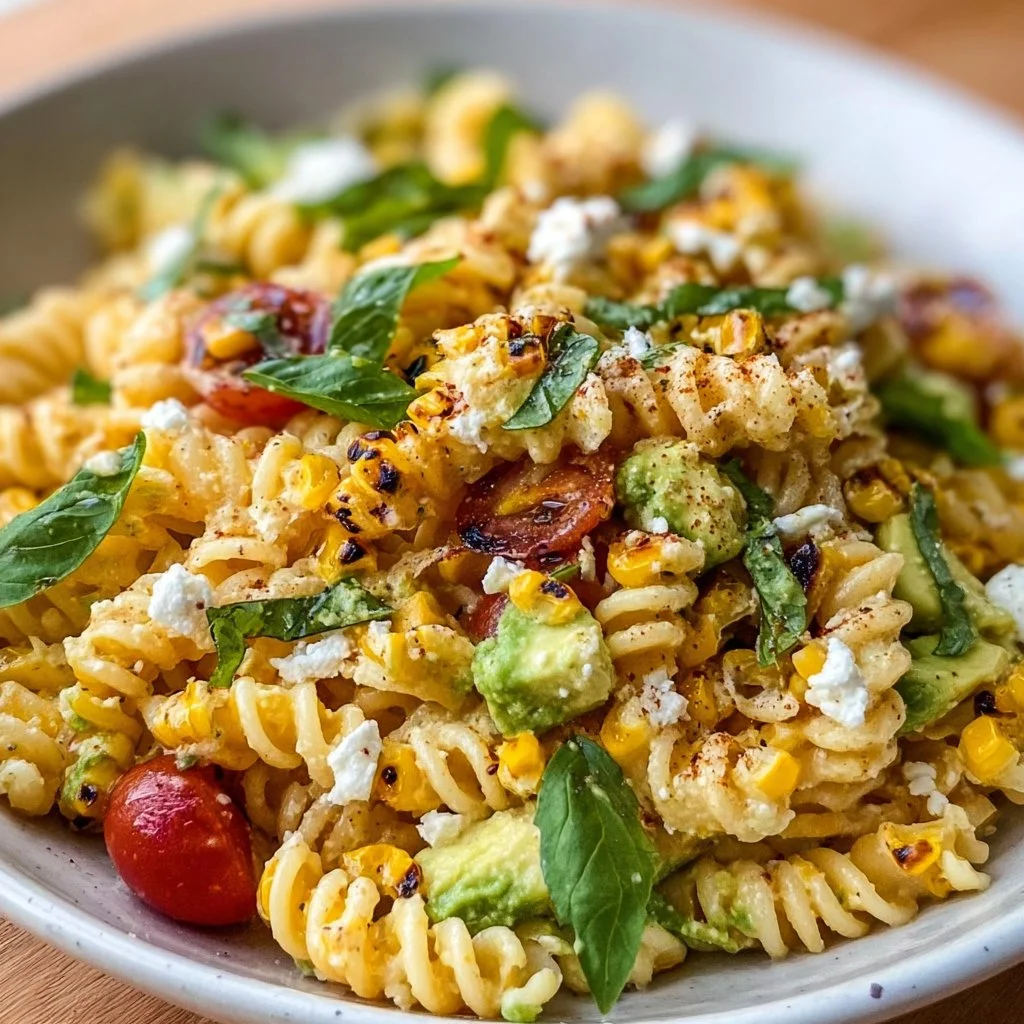 Juicy street corn pasta salad with ingredients woven together for a summer dish.