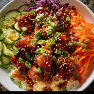 Korean BBQ Chicken Bowl with colorful vegetables and rice in a bowl