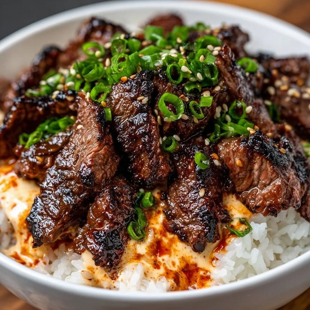 Korean BBQ steak rice bowl topped with fresh vegetables and sauce