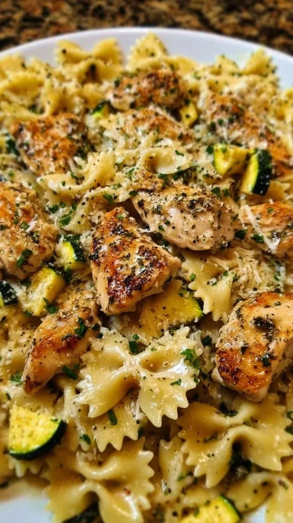 Delicious Lemon Chicken Pasta served with fresh herbs and lemons
