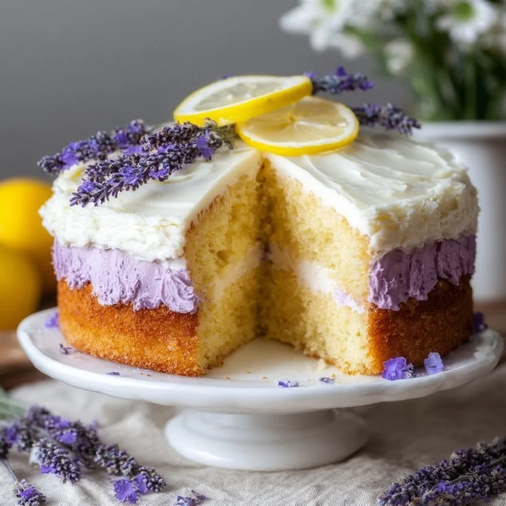 Slice of Lemon Lavender Cake topped with lavender sprigs and lemon zest