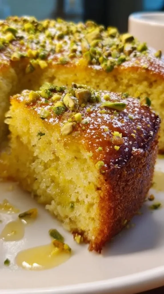 Lemon Pistachio Cake with vibrant lemon glaze and pistachio toppings.