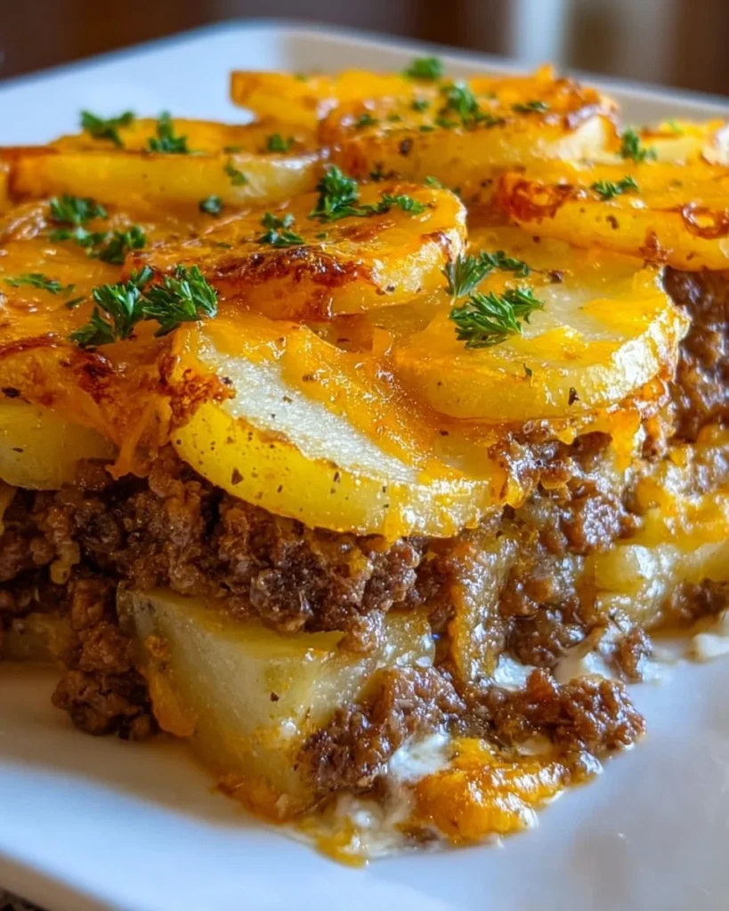 Loaded Beef and Potato Bake served in a casserole dish with melted cheese on top.