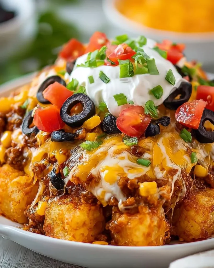 Delicious Mexican Tater Tot Casserole topped with cheese and fresh ingredients