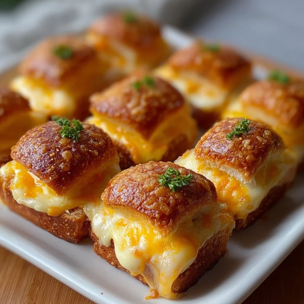 Mini grilled cheese Hawaiian rolls, golden and gooey, perfect for snacks.