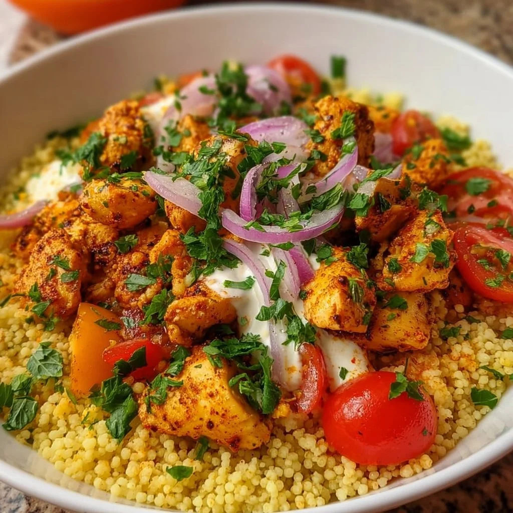 Moroccan Mediterranean Chicken Couscous Bowl with vibrant ingredients and spices